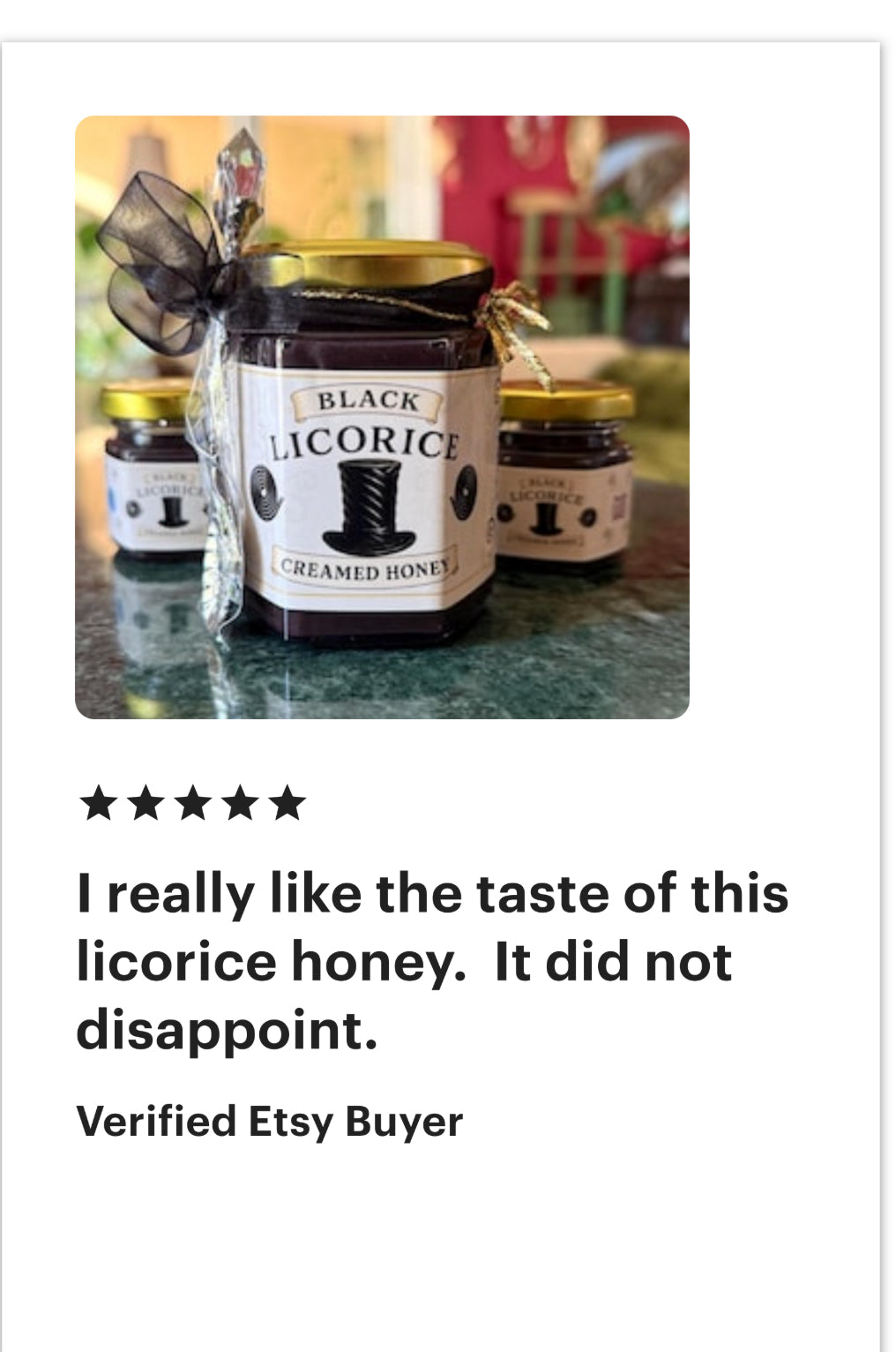 5 star review for licorice Creamed Honey from the English Creamed Honey store