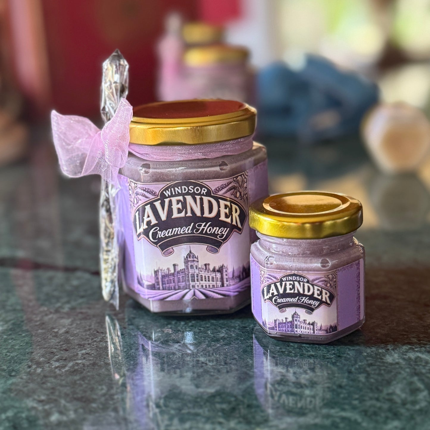 Lavender Creamed Honey, elegantly packaged and bursting with natural, floral sweetness. Made from 100% raw honey and infused with fragrant lavender, this premium creamed honey is perfect for enhancing teas, drizzling over desserts, or using as a sophisticated spread on artisanal breads. Its smooth texture and light lavender taste make it a standout gift for foodies or an exquisite addition to your gourmet pantry. Savor the luxury of Lavender Creamed Honey, crafted for those who appreciate fine flavors