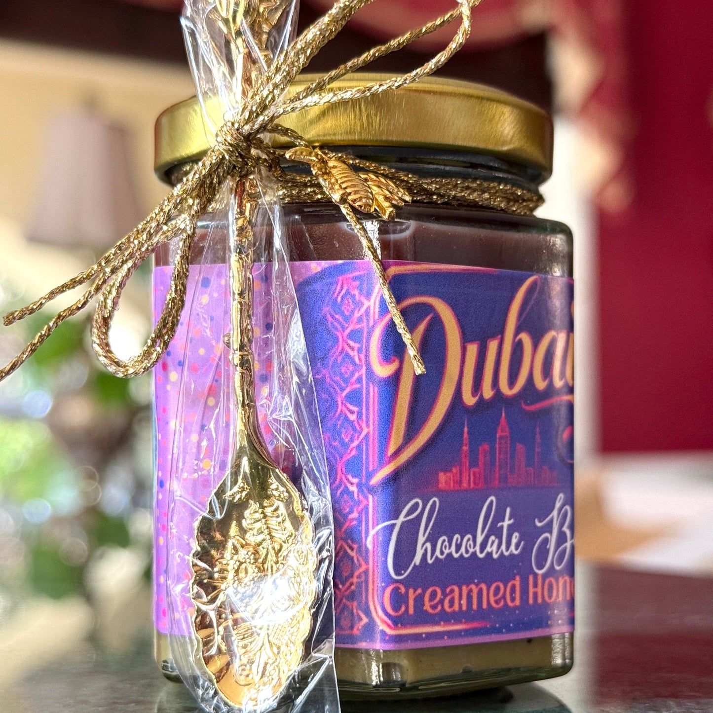 Indulgent Dubai Chocolate Creamed Honey topped with rich Nutella ganache and creamy pistachio layer, perfect for gourmet pairings