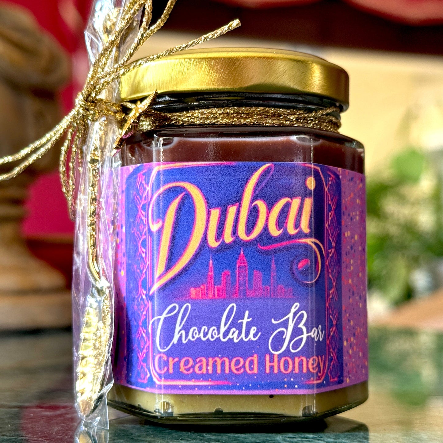 Luxurious Dubai Chocolate Creamed Honey with Pistachio Cream and Nutella Ganache Layer, showcasing a creamy, indulgent honey spread with rich chocolate, nutty pistachio, and decadent Nutella topping.