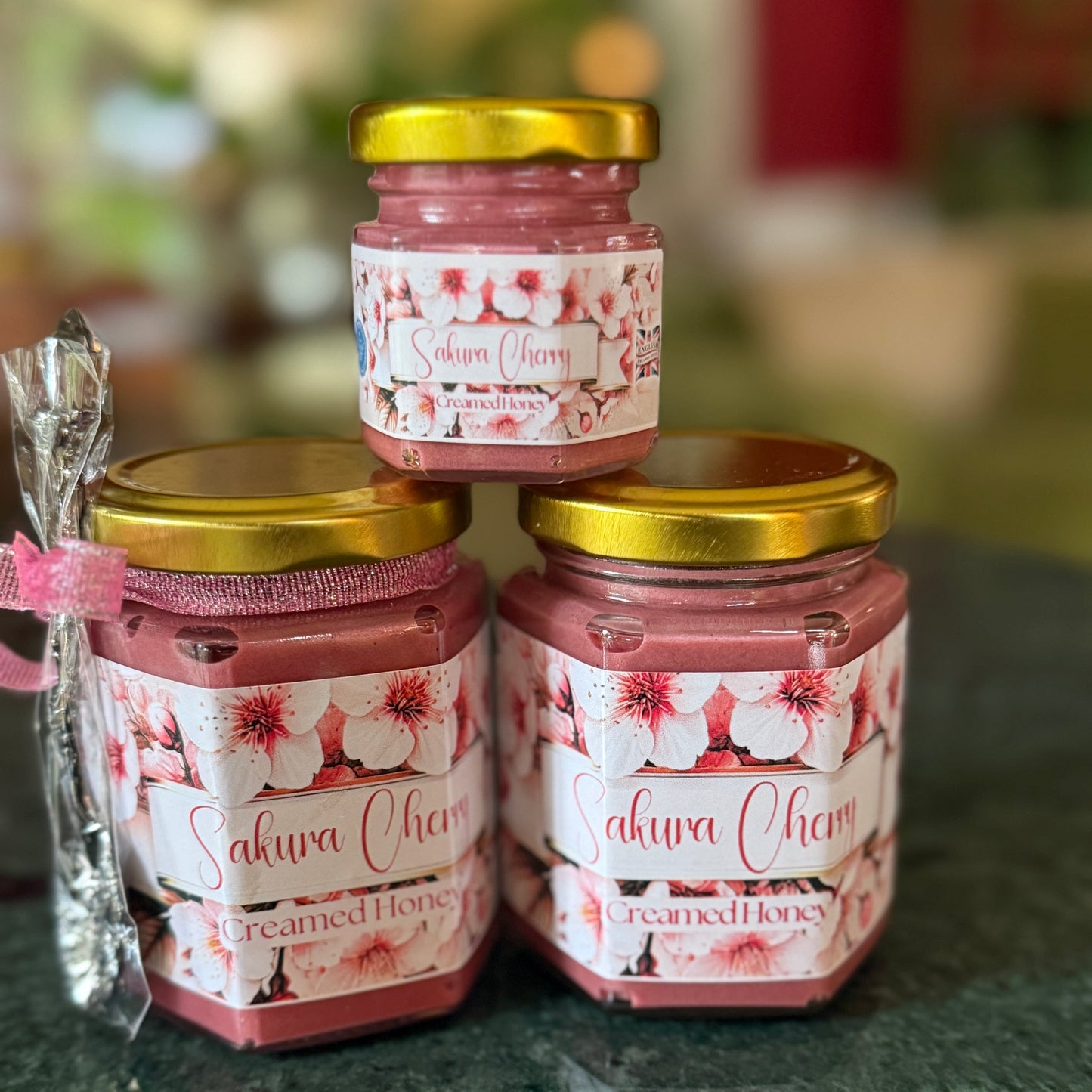 Limited Edition Sakura Cherry Blossom Honey in Glass Hexagon Jar – Floral & Fruity Flavor