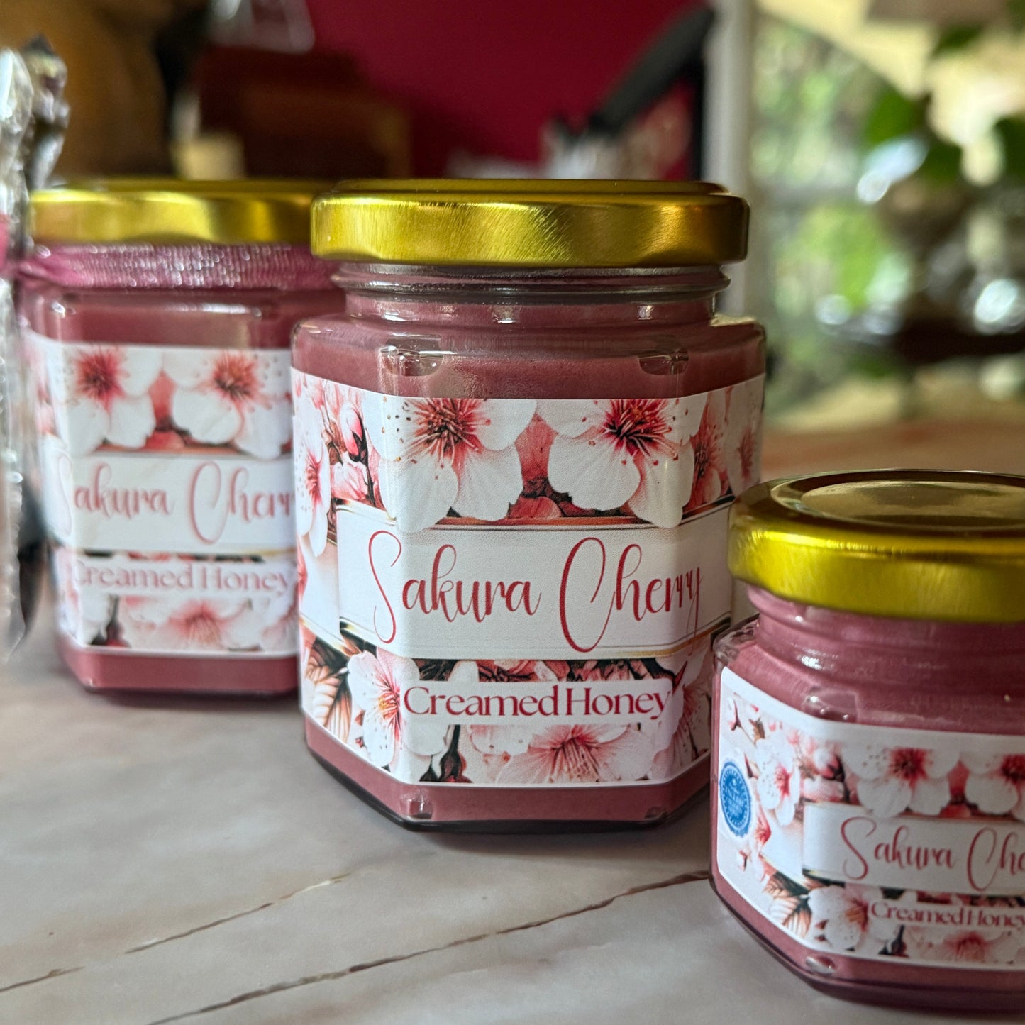 Premium Sakura Cherry Honey | 6oz Glass Hexagon Jar – Perfect for Spring & Tea Time