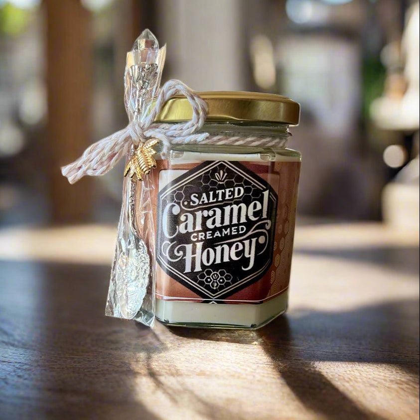 Indulgent Salted Caramel Creamed Honey β 6oz Glass Jar, Perfect for Gifting and Enjoying with Tea