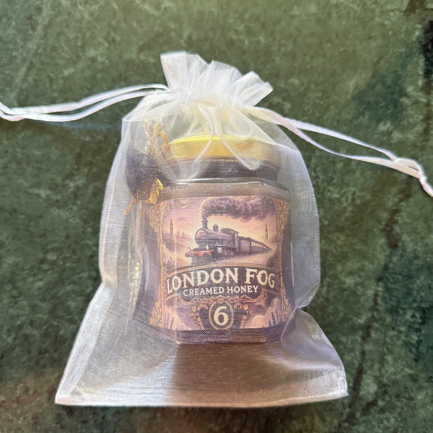 London Fog Creamed Honey in glass jar with ribbon and gold spoon – Earl Grey and vanilla whipped honey gift for tea lovers