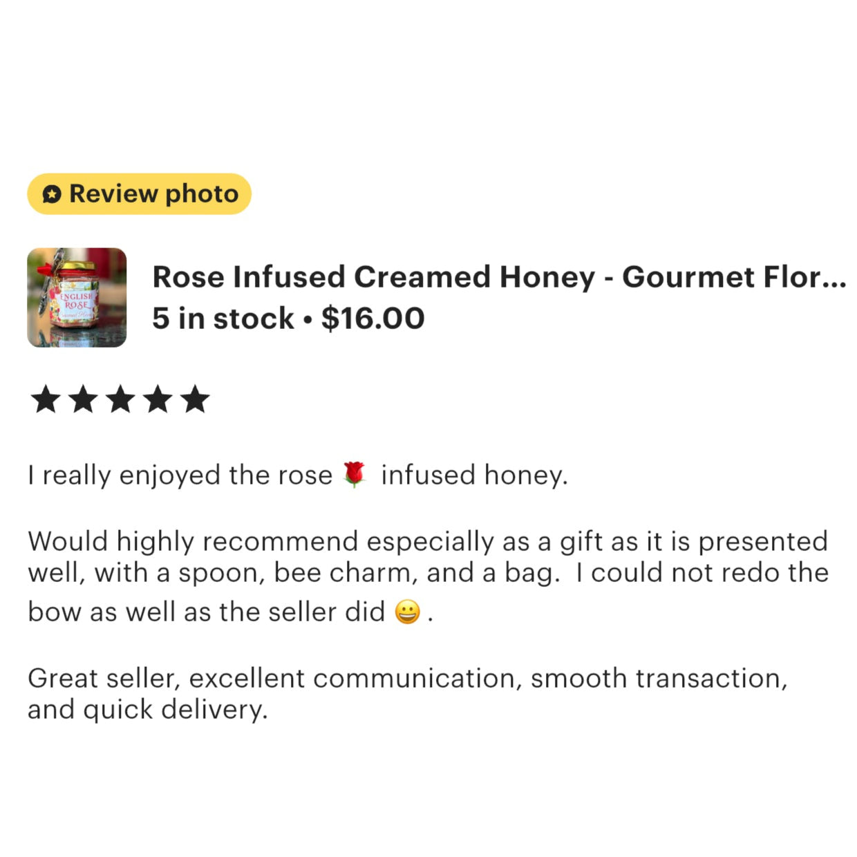 Five-Star Customer Review for Rose Creamed Honey – Verified Buyer Testimonial Highlighting Flavor, Packaging, and Gift Quality