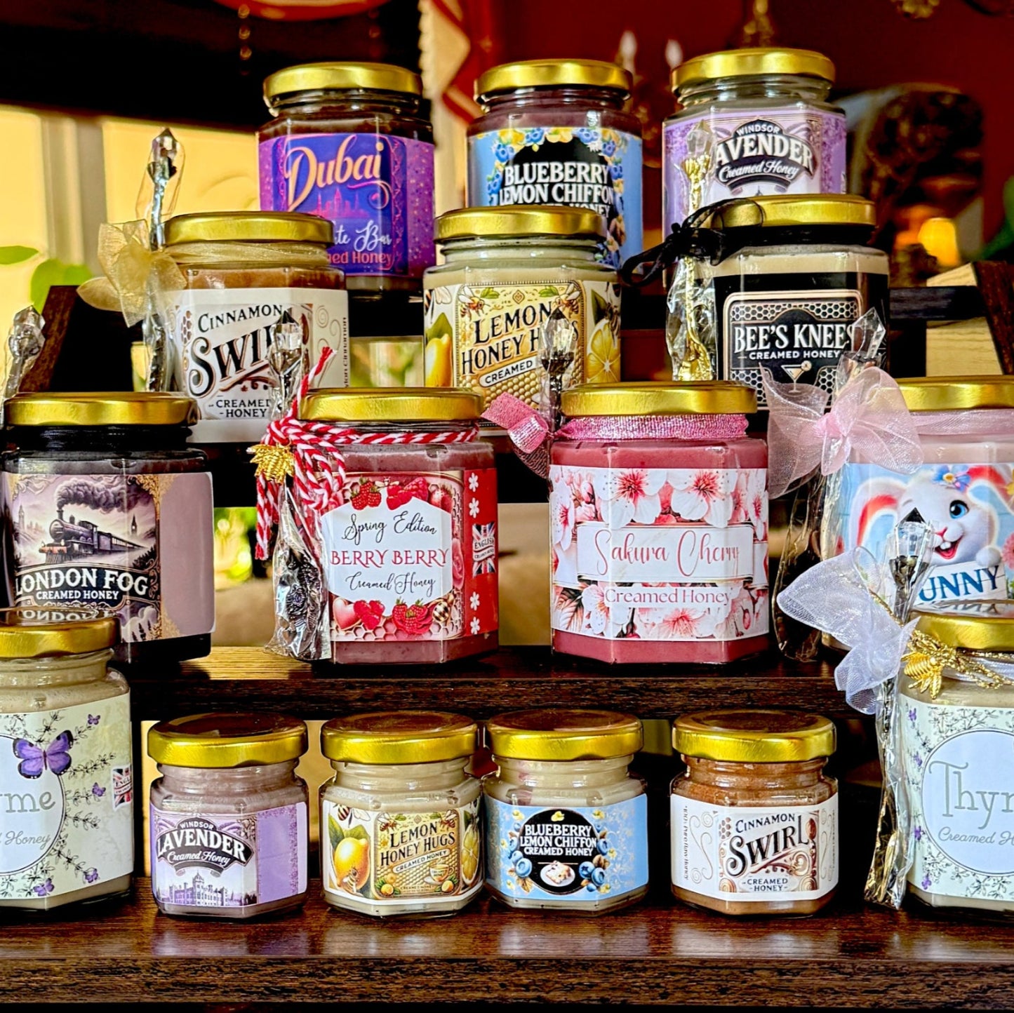 Collection of 12 Gourmet Creamed Honey Jars in Assorted Flavors – Cherry, Lemon, Blueberry, Cinnamon, Lavender, Thyme, Long Fog, Dubai Chocolate Bar, and Bees Knees – Premium Artisan Honey Sampler