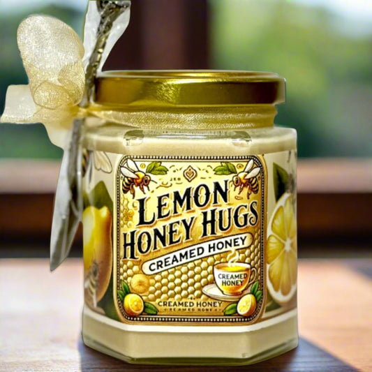 Lemon Creamed Honey in a glass jar – smooth, whipped raw honey with bright citrus flavor, perfect for tea and gourmet pairings.