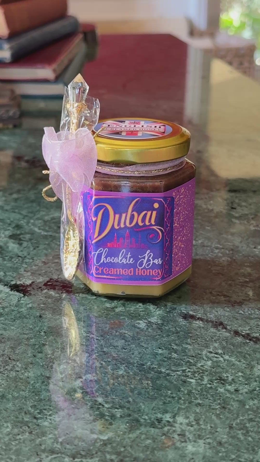 Gourmet Dubai Chocolate Creamed Honey with a decadent pistachio and Nutella ganache layer, perfect for upscale tea-time treats.