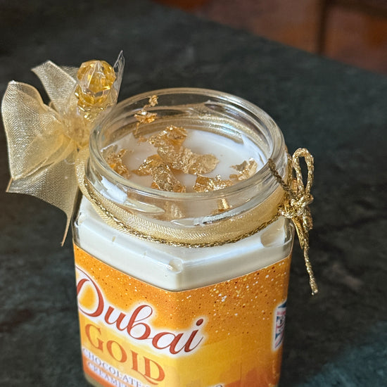 Gourmet Creamed Honey gift box featuring Dubai Chocolate Bar Gold Edition with pistachio, white chocolate ganache, and edible gold leaf