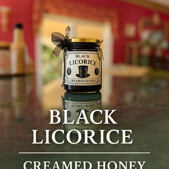 Close-up of creamy black licorice honey texture on a silver spoon—rich, indulgent, and unique