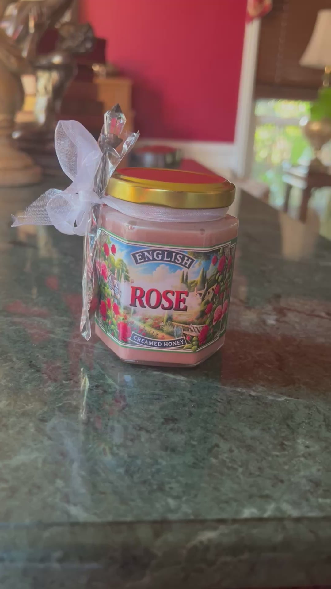 Luxurious English Rose Creamed Honey, a delicate blend of floral rose essence and creamy honey, ideal for enhancing desserts and gourmet treats
