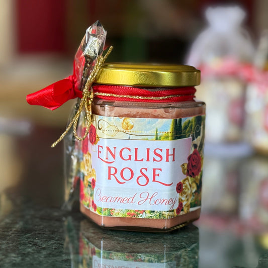 Rose Creamed Honey Gift in Glass Jar with Gold Spoon and Chiffon Ribbon – Elegant Floral Honey for Tea Lovers and Spa Gifting